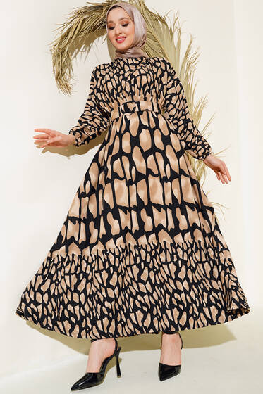 Desenli Kemerli Kırinkıl Elbise Bej - Elbise