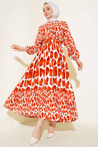 Desenli Kemerli Kırinkıl Elbise Kiremit - Elbise