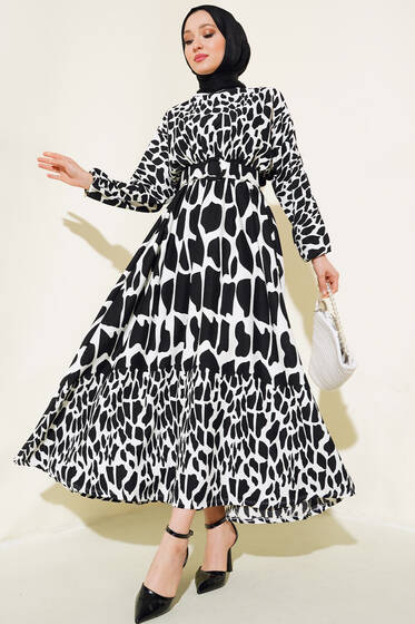 Desenli Kemerli Kırinkıl Elbise Siyah - Elbise