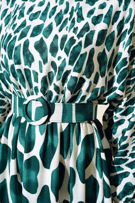 Desenli Kemerli Kırinkıl Elbise Zümrüt Yeşil - Thumbnail