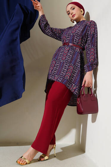 Desenli Kemerli Tunik İkili Takım Mürdüm - İkili Takım