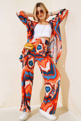 Desenli Kimono İkili Takım Kiremit - CALİENTE