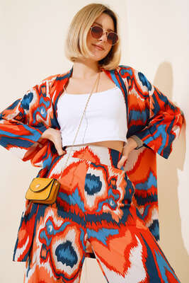 Desenli Kimono İkili Takım Kiremit - Kadın Giyim Modelleri