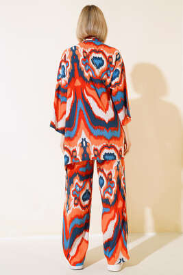 Desenli Kimono İkili Takım Kiremit - Kadın Giyim Modelleri