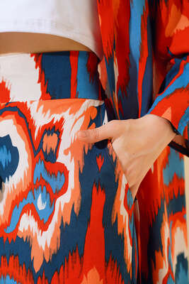 Desenli Kimono İkili Takım Kiremit - Kadın Giyim Modelleri