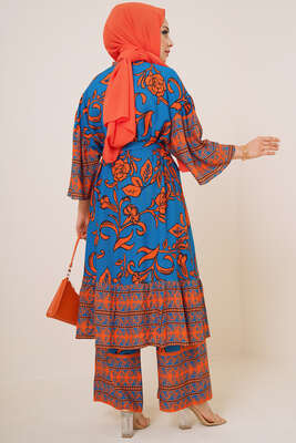 Desenli Kimono İkili Takım Saks Oranj - Thumbnail