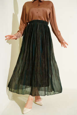 Desenli Kırışık Şifon Etek Haki - CALİENTE