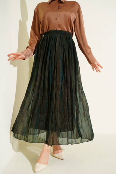 Desenli Kırışık Şifon Etek Haki - Etek