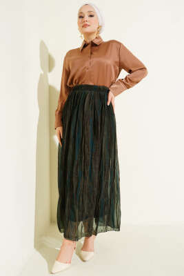Desenli Kırışık Şifon Etek Haki - Etek