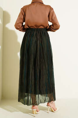 Desenli Kırışık Şifon Etek Haki - Etek