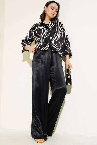 Desenli Kısa Gömlekli Saten İkili Takım Siyah - İkili Takım