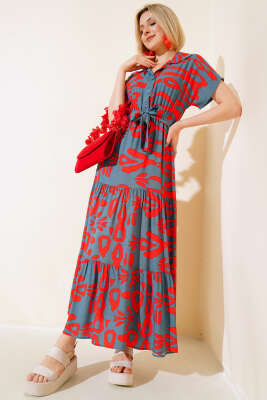 Desenli Kısa Kol Elbise Füme - Kadın Giyim Modelleri