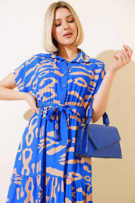 Desenli Kısa Kol Elbise Saks - Kadın Giyim Modelleri