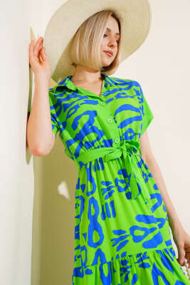 Desenli Kısa Kol Elbise Yeşil - Kadın Giyim Modelleri