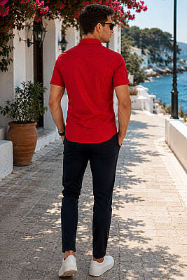 Desenli Kısa Kol Slim Fit Erkek Gömlek Kırmızı - Kampanyalı Ürünler