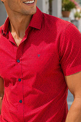 Desenli Kısa Kol Slim Fit Erkek Gömlek Kırmızı - Kampanyalı Ürünler