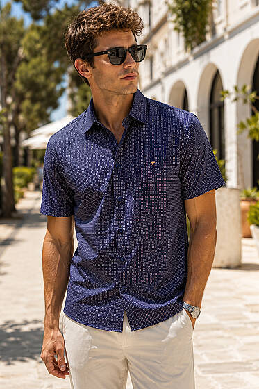 Desenli Kısa Kol Slim Fit Erkek Gömlek Lacivert - Erkek Gömlek