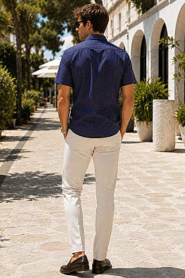 Desenli Kısa Kol Slim Fit Erkek Gömlek Lacivert - Erkek Gömlek