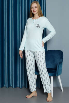 Desenli Kışlık Viscon Pijama Takımı Mint - Pijama & Gecelik