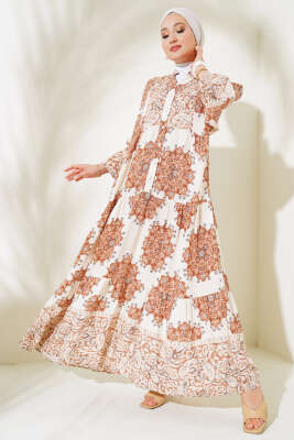 Desenli Kol Lastikli Elbise Bej