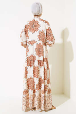 Desenli Kol Lastikli Elbise Bej - Tesettür Elbise