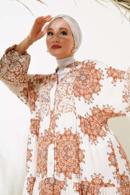 Desenli Kol Lastikli Elbise Bej - Tesettür Elbise