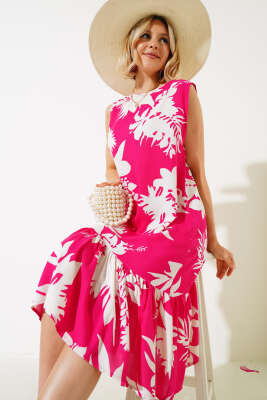 Desenli Kolsuz Elbise Fuşya - Kadın Giyim Modelleri