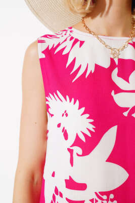 Desenli Kolsuz Elbise Fuşya - Kadın Giyim Modelleri