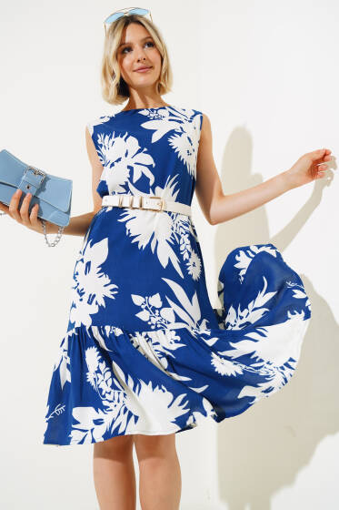 Desenli Kolsuz Elbise İndigo - Kadın Giyim Modelleri