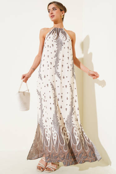 Desenli Kolsuz Salaş Uzun Elbise Camel - Kadın Giyim Modelleri