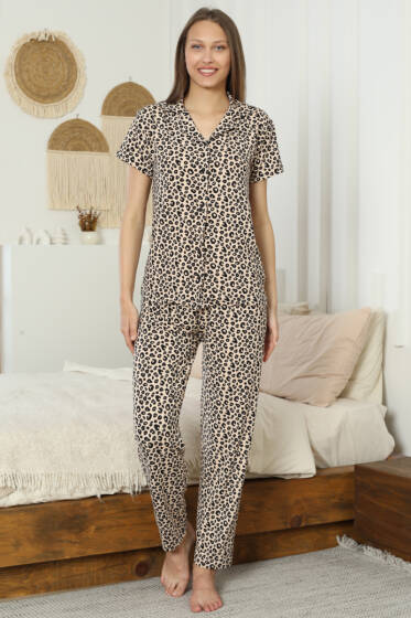 Desenli Kruvaze Yaka Kısa Kol Pijama Takımı Leopar - Pijama