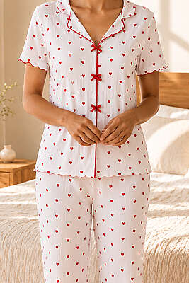 Desenli Kruvaze Yaka Pijama Takımı Beyaz - Pijama