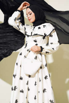 Desenli Kuşaklı Elbise Ekru - Tesettür Elbise