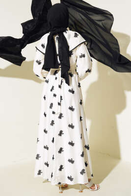 Desenli Kuşaklı Elbise Ekru - Tesettür Elbise