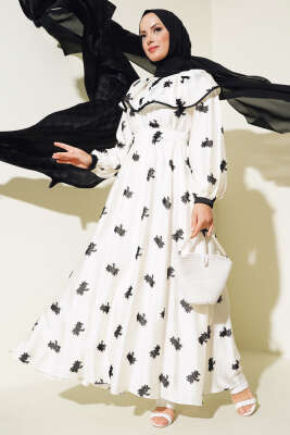 Desenli Kuşaklı Elbise Ekru - Tesettür Elbise