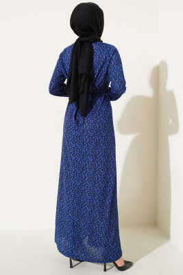 Desenli Kuşaklı Elbise Lacivert - Elbise