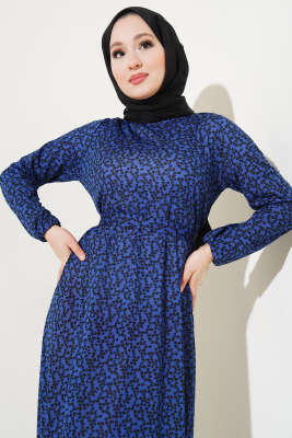 Desenli Kuşaklı Elbise Lacivert - Elbise