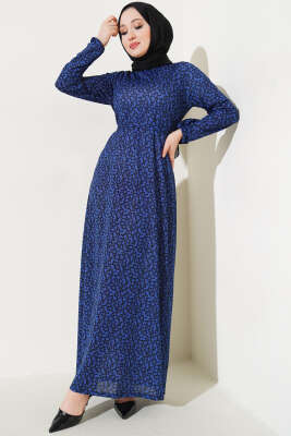 Desenli Kuşaklı Elbise Lacivert - Elbise