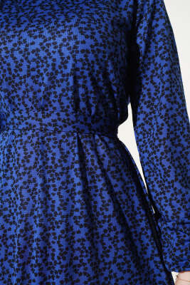 Desenli Kuşaklı Elbise Lacivert - Elbise