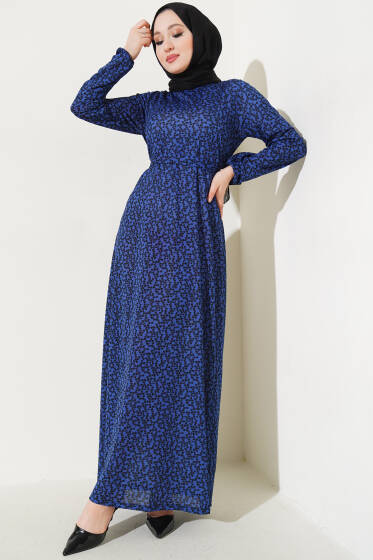 Desenli Kuşaklı Elbise Lacivert - Tesettür Elbise
