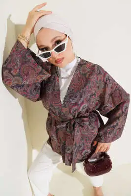 Desenli Kuşaklı Kimono Füme 