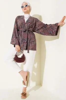 Desenli Kuşaklı Kimono Füme - Dış Giyim&Mont