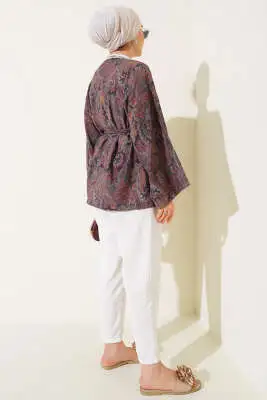 Desenli Kuşaklı Kimono Füme - Dış Giyim&Mont