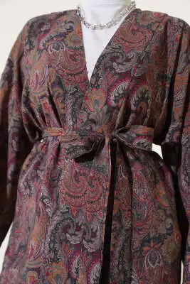 Desenli Kuşaklı Kimono Füme - Dış Giyim&Mont