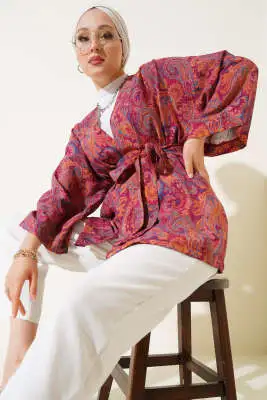 Desenli Kuşaklı Kimono Fusya 
