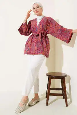 Desenli Kuşaklı Kimono Fusya - Dış Giyim&Mont