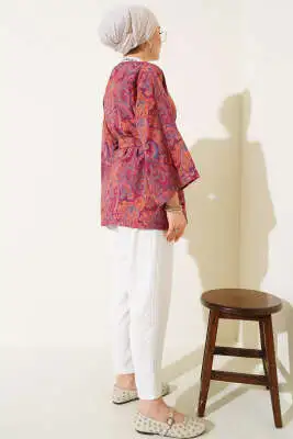 Desenli Kuşaklı Kimono Fusya - Dış Giyim&Mont