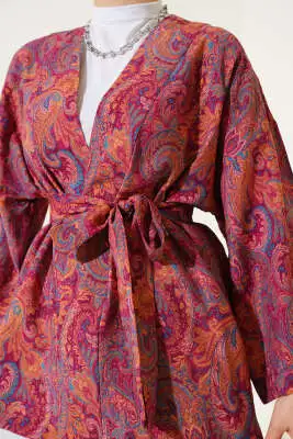 Desenli Kuşaklı Kimono Fusya - Dış Giyim&Mont