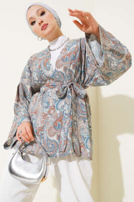 Desenli Kuşaklı Kimono Gri - Dış Giyim&Mont