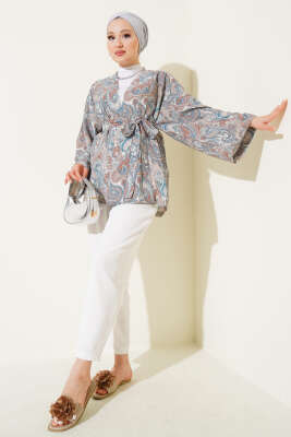 Desenli Kuşaklı Kimono Gri - Dış Giyim&Mont